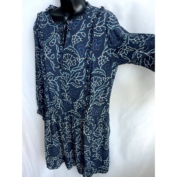 Caslon Navy Blue Shift Dress sz Petite S Floral Botanical Ruffles Boho Peasant - Picture 4 of 11